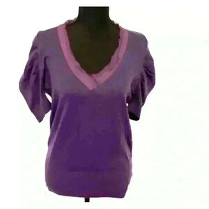 In Add Minus Purple Chiffon Back Deep V-Neck Puff Sleeve Blouse L